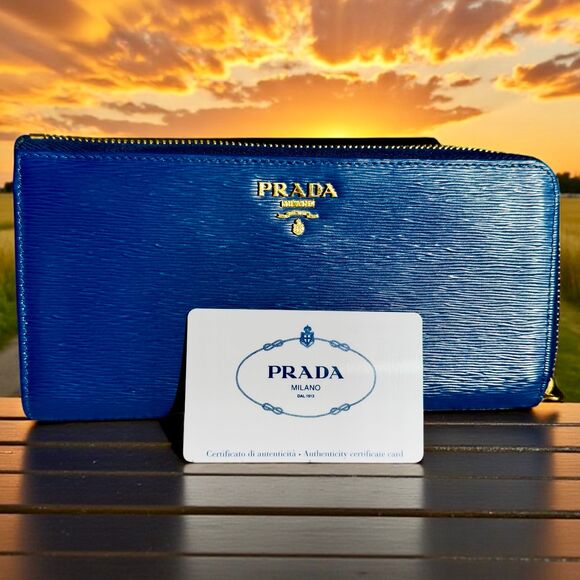 Prada Blue Saffiano Leather Zip Around Wallet | Authentic w/ Card - Picture 2 of 9